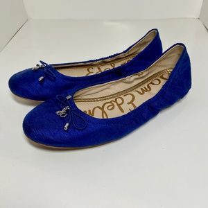 SAM EDELMAN Classic Comfy Cute “Felicia” Blue Raw Silk Fabric & Leather Flats